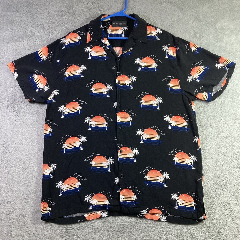 Hawaiian Shirt Men Large Black Sunset Palm Trees Button Up Rayon Casual Comfort